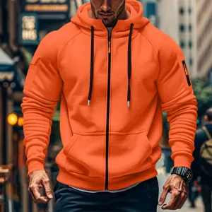 Men's orange hooded zip-up sweatshirt casual sports jacket with pockets for spring autumn