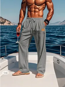 Herren Freizeithose Leinen Sommer Strand lose Passform gerade Hose Kordelzug grau