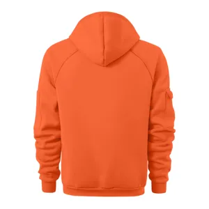Men's solid color orange hooded sweatshirt, casual daily sports jacket, back view detail.