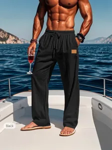 Herren Freizeit Leinenhose schwarze gerade Hose mit Kordelzug fuer Sommer Strand