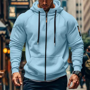 Men's light blue hooded zip-up hoodie casual sports sweatshirt jacket for spring and autumn.