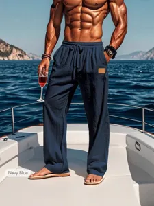 Herren lässige Leinen-Mix Kordelzug Strand lange Hose in Marineblau, bequem und stilvoll.