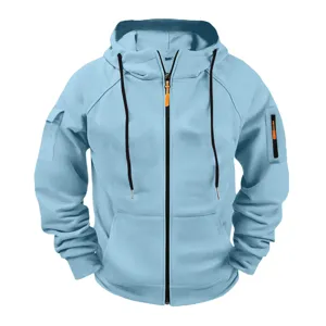 Men's casual zip-up hooded sweatshirt, light blue athletic jacket with pockets and drawstrings.