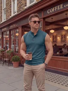 Men summer knitted sleeveless vest casual slim fit gym muscle tank top blue color