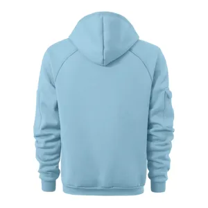 Men's casual light blue hooded sweatshirt detail back view fashion display style apparel.