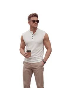 Men's white ribbed sleeveless henley tank top, slim fit casual fitness summer sportswear.