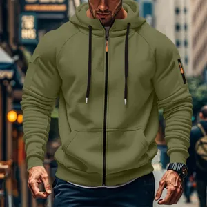 Men's army green hooded zip sweatshirt casual sports jacket with pockets for daily wear.