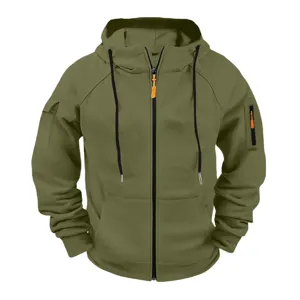 Men's army green zip-up hooded sweatshirt casual sports jacket outerwear detail view