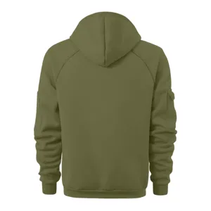 Green hooded sweatshirt back detail featuring comfortable fabric and stylish pocket design.
