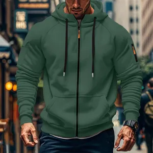 Men's casual zip-up hoodie in dark green with hood and pockets, perfect for spring and autumn daily wear.