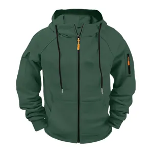 Detailed view of the tactical zip hoodie sleeve pocket and orange zipper pull accent.