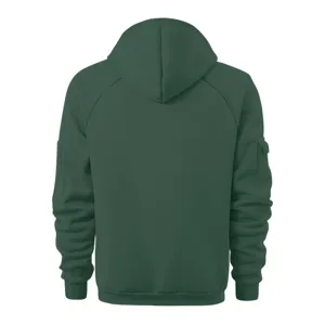 Men's dark green hoodie back view detail, casual hooded sportswear zipper jacket top.