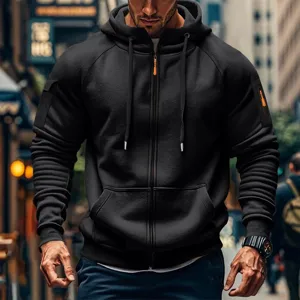 Men's black zip-up hoodie casual tactical jacket with hood and pockets for spring autumn wear.