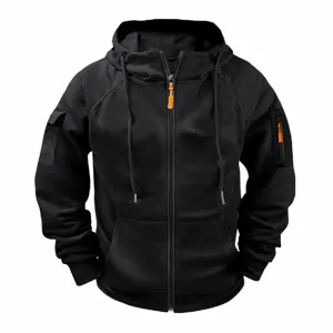 Men's casual black zip-up hoodie detail featuring orange zipper pulls and tactical sleeve pocket.