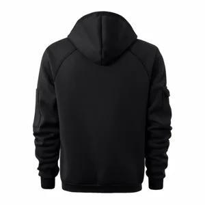 Back detail of solid black mens hoodie featuring comfortable hood design and regular fit.