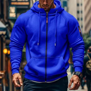 Men's casual royal blue zip-up hooded sweatshirt, comfortable sports outerwear with pockets.