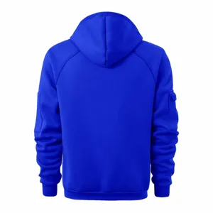 Men solid royal blue casual hoodie detail view, comfortable long sleeve hooded sweatshirt.