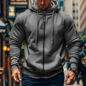 Men's grey hooded zip-up sweatshirt, casual activewear outerwear jacket detail view.