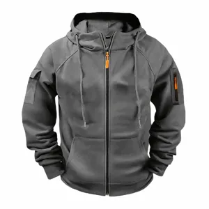 Men's casual grey hooded zip-up sweatshirt with orange zipper details, comfortable daily wear.