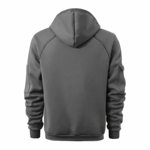 Back view detail of a dark gray men's hoodie with a hood and sleeve pockets. Casual wear.