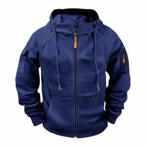 Men's blue zip-up hooded sweatshirt casual sports jacket with convenient pockets for men.