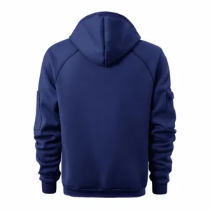 Back detail view of solid blue men's hoodie with hood and sleeve pockets, casual style.