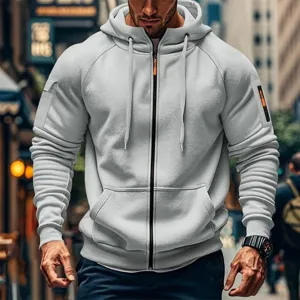 Men's casual zip-up hoodie detail showcasing hooded design, sleeve pockets, and soft fabric.
