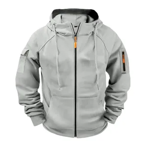 Men casual grey zip-up hoodie jacket with hood, drawstring and orange zipper pulls detail view.