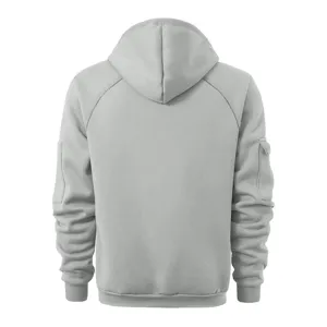 Back view of casual grey men's hoodie showing hood and sleeve pocket details clearly.