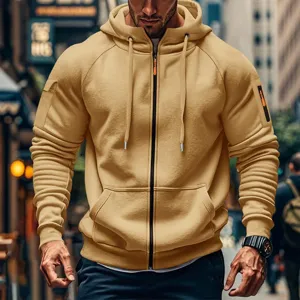 Men's casual zip-up hooded sweatshirt with multiple utility pockets for autumn streetwear fashion.