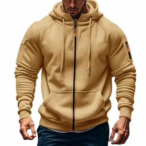 Men tactical casual zip up hoodie jacket with arm pockets and comfortable ribbed cuffs detail.