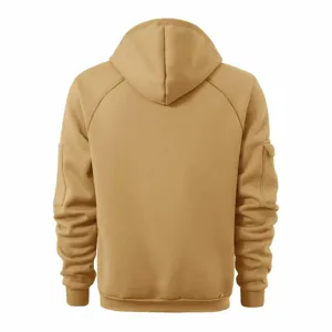 Men solid khaki hooded sweatshirt back detail, casual sports wear jacket close-up view.