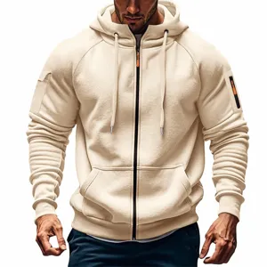 Men casual full zip hoodie with hood and pockets detailed view for spring autumn daily wear.