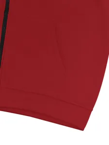 Red zip-up hoodie detail view showcasing pocket hem and zipper texture for men's apparel.