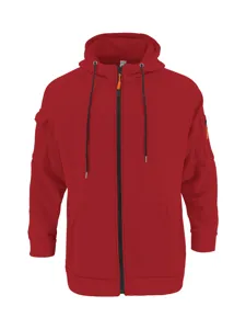Men's red full-zip hooded sweatshirt casual sports athletic outerwear with pockets.
