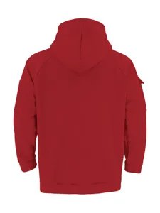Detailed view of back side of men red hooded sweatshirt showing hoodie and sleeve pocket.