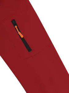 Men's hoodie detail view, showcasing casual sports zipper pocket design and soft red fabric.
