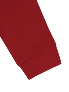 Men's solid red sweatshirt sleeve cuff detail, casual hoodie long sleeve ribbed hem design.