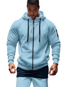 Men's Light Blue Hooded Zip-Up Hoodie and Pants Casual Sportswear Tracksuit Outfit