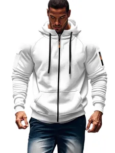 Men white full zip hoodie casual sport hooded sweatshirt jacket with side pockets for daily wear