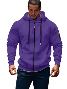 Men's purple zip-up hooded sweatshirt, casual athletic jacket with convenient pockets for daily wear.