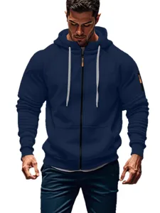 Men's dark blue zip-up hoodie with hood, grey drawstrings and casual athletic design.