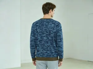 Men's knitted crewneck pullover sweater with long sleeves, blue pattern and brown ribbed trim.