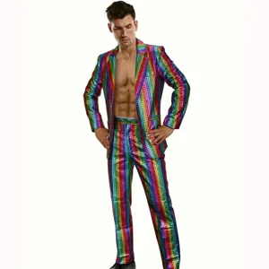 Men shiny rainbow sequin suit disco party stage performance blazer and pants two piece set