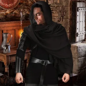 Detailed view of the men's medieval renaissance costume set featuring black hood and bracers.