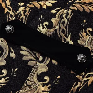 Gothic steampunk men's jacquard jacket detail, black gold brocade with velvet strap.