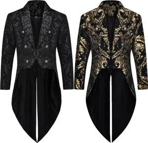 Men gothic steampunk tailcoat jacket, vintage black gold brocade victorian swallowtail coat.