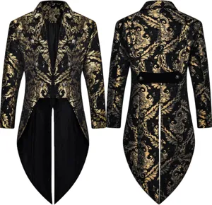 Men Gothic Steampunk Tailcoat Jacket Black Gold Brocade Victorian Vintage Tuxedo Coat