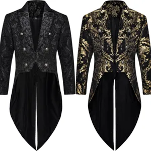 Men Gothic Steampunk Tailcoat Jacket Vintage Brocade Double Breasted Lapel Long Sleeve Coat Victorian Renaissance Outerwear