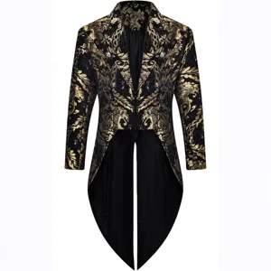 Men's gothic steampunk tailcoat jacket black gold brocade vintage wedding tuxedo coat